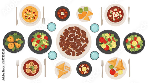 Flat lay of diverse international cuisine dishes on white background