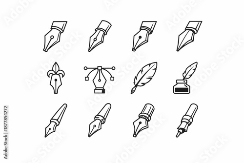 Collection of pen nib and ink icons in black and white illustration