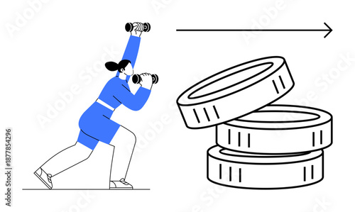 Finance, personal growth, investment, fitness goals, economic progress, productivity. A woman lifting dumbbells near coins and an arrow. Finance and personal growth visually