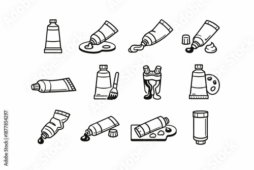 Set of various paint tubes and painting tools icons