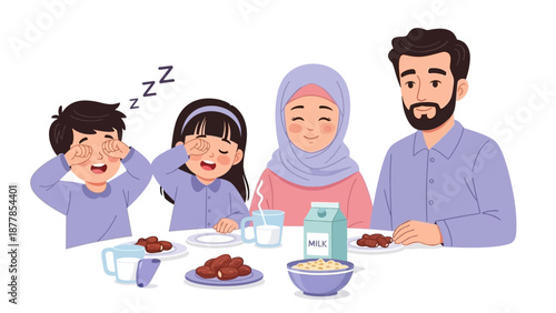 Happy family enjoying breakfast together with milk and dates