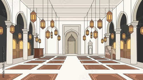 Elegant Middle Eastern interior with arches and hanging lanterns