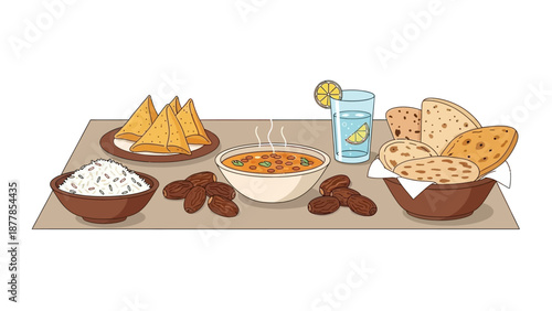 Traditional Middle Eastern Meal with Bread, Rice, and Soup