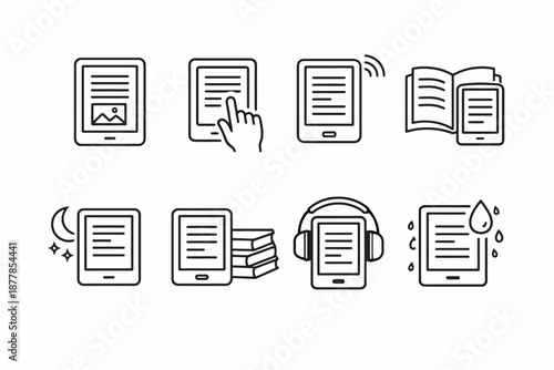 Minimalist icons of e-readers and tablets with various features