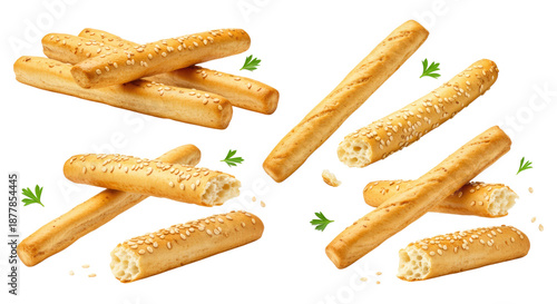 Golden sesame breadsticks and broken grissini with crumbs and parsley garnish on a transparent background
