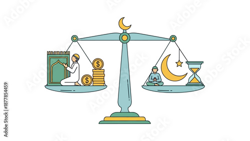 Balanced scale depicting Islamic finance with prayer and savings symbols