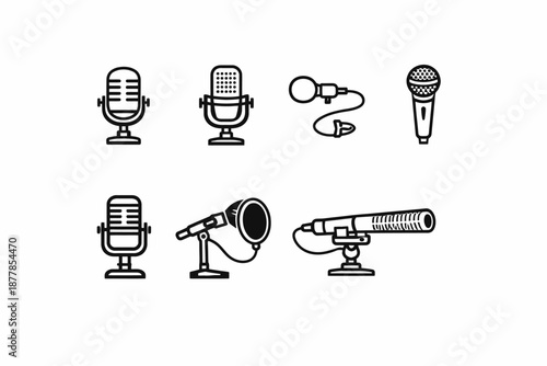 Collection of various microphone icons and designs on white background