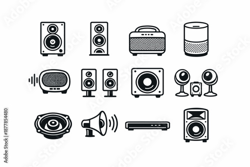 Collection of diverse speakers and audio devices in black and white illustration