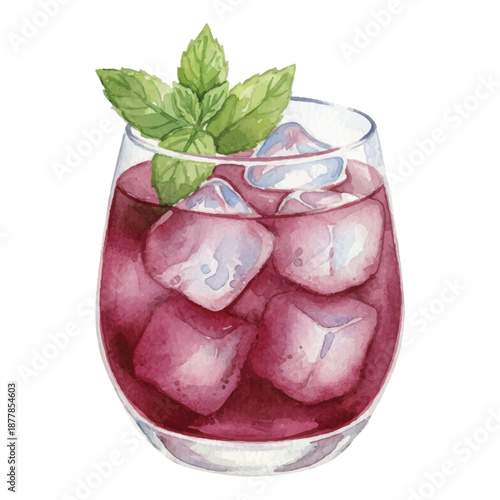 Cairo Hibiscus Cooler Watercolor Illustration, Floral Herbal Refreshing Cocktail, Hand Painted Vector Isolated on White

