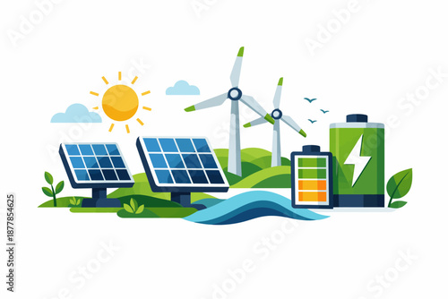 Renewable energy sources: solar panels, wind turbines, and battery storage in nature scene