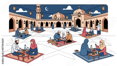 Muslim families dining outdoors in traditional courtyard at night