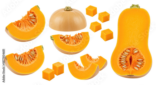 Fresh butternut squash shown whole, halved, sliced and cubed with visible orange flesh and seeds on a transparent background
