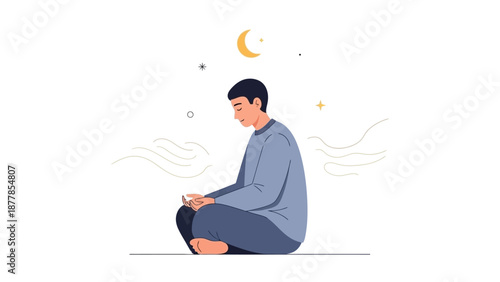 Man sitting in meditation pose under crescent moon illustration