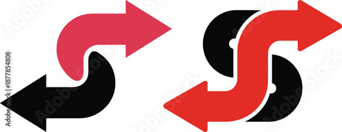 Abstract Red and Black Curved Double Arrow Vector Design for Direction and Synchronization