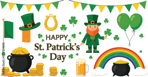 St. Patrick’s Day clipart set with leprechaun, shamrocks, gold coins, rainbow, banners, balloons, and festive Irish decorations