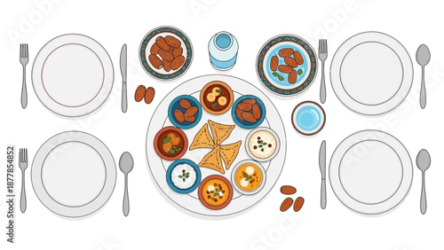 Traditional Middle Eastern Meal with Dips and Snacks on Table