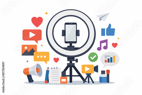 Digital content creation workspace with smartphone and social media icons