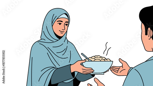Woman in hijab offering a bowl of steaming food to a man