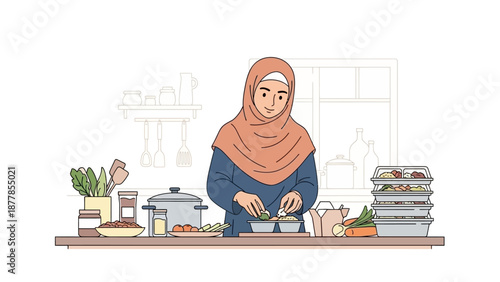 Muslim woman preparing healthy meal in modern kitchen