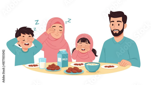 Happy family enjoying breakfast together with milk and cereal