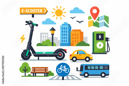 Urban mobility concept with e-scooter, charging station, and cityscape elements