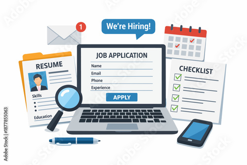 Job application process with laptop, resume, and checklist