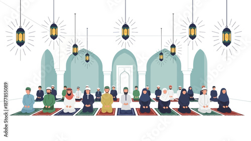 Muslim congregation praying in mosque interior with hanging lanterns