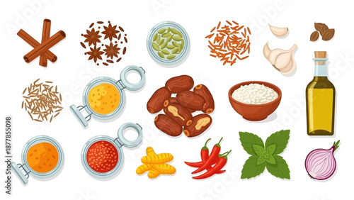 Collection of Spices and Ingredients in Flat Lay Style