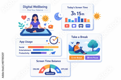 Digital wellbeing: asian female adult balancing screen time with breaks and app usage