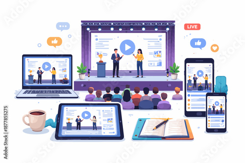 Diverse audience engaged in live online and onstage presentation