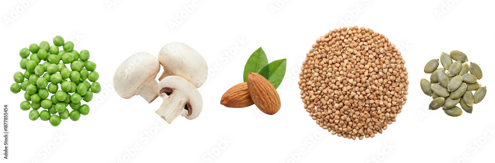Fototapeta premium Assorted Healthy Food Ingredients: Peas, Mushrooms, Almonds, Buckwheat, Pumpkin Seeds