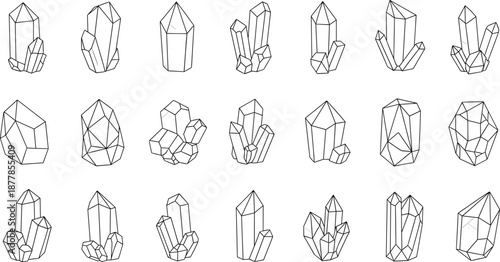Crystal line art set with geometric quartz shapes, minimalist gemstone illustrations, hand-drawn outline minerals for designs