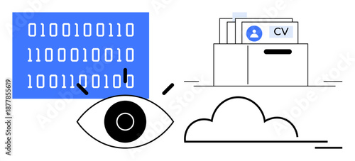 Data analysis concept. Data analysis with binary code, cloud storage, and file organization. Data analysis supports efficient storage, secure management, and quick access. Perfect for technology