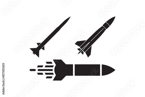 Black missile silhouette set for military and defense designs - Three rocket icons representing aerospace technology and speed