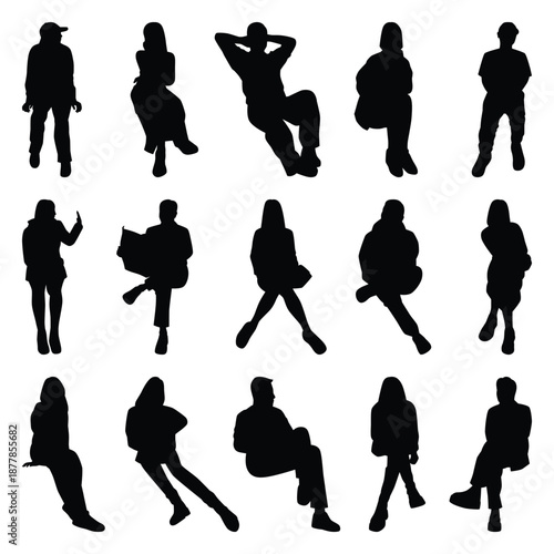 Vector collection set of sitting people silhouettes.	