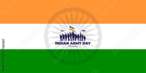 Indian Army Day. Indian Army Day Creative Design. Military illustration, Indian background, Indian flag, soldiers silhouettes.