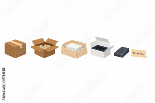 Variety of packaging options with tape, bubble wrap, box inserts, and thank you card