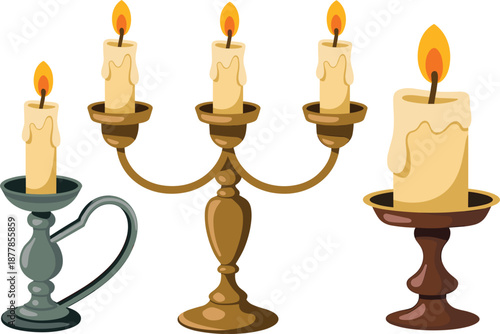 Set of vintage, brass, and silver candelabra with burning wax candles, isolated on white background vector