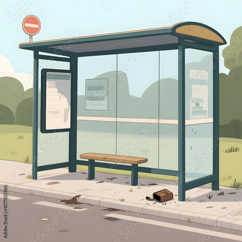 Empty bus stop with glass shelter and wooden bench in suburban area  