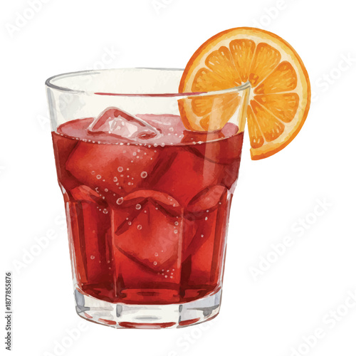 Rome Americano Watercolor Illustration, Classic Italian Aperitivo Cocktail, Hand Painted Vector Isolated on White
