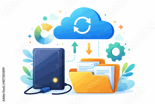 Cloud computing concept with data synchronization and file storage elements