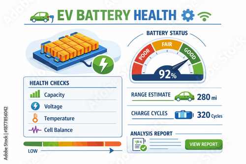 Electric vehicle battery health dashboard with status and range estimate
