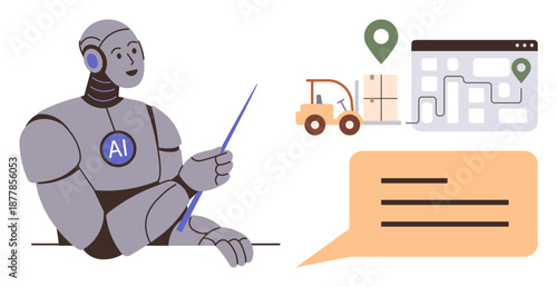 Logistics, supply chain, automation, AI innovation, navigation, communication technology. A robot with AI label points to logistics elements thumbs up a forklift, map and chat bubble. Logistics