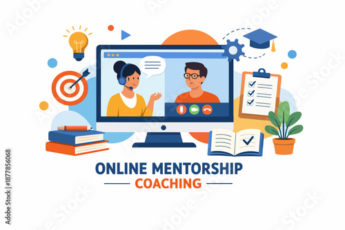 Virtual coaching concept with asian female and hispanic male on webinar platform