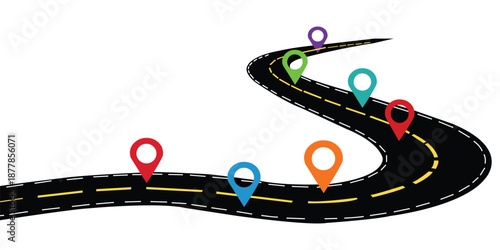 Winding road map colorful with location markers, curved, highway, guide, route, with infographic destination pins, navigation path, design, travel and journey concept vector illustration.