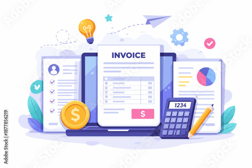 Financial management tools with calculator, invoice, and coins