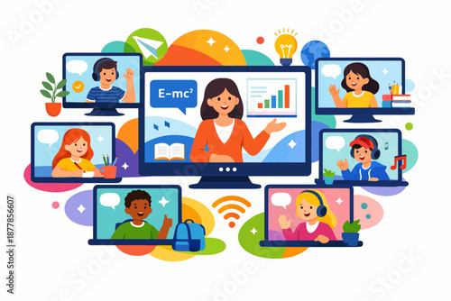 Young diverse students engaging in online learning with virtual teacher