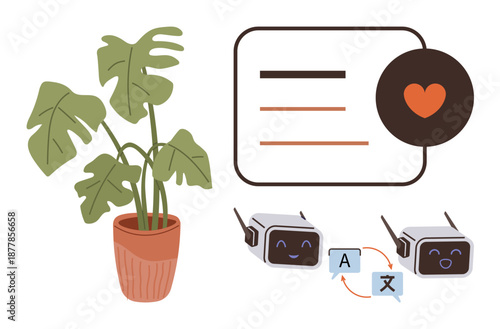 Technology, translation, nature, communication, design, artificial intelligence. Decorative plant, chatbot icons exchanging text and heart icon in a communication panel. Technology and translation