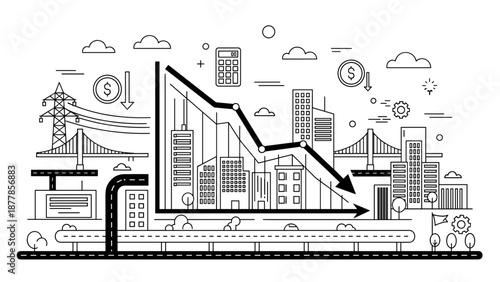 Declining Business Graph with Cityscape Elements.