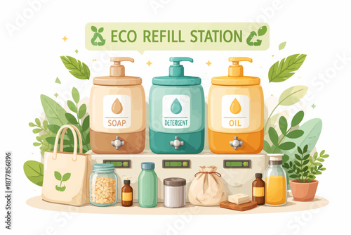 Eco refill station with soap, detergent, oil dispensers and sustainable packaging